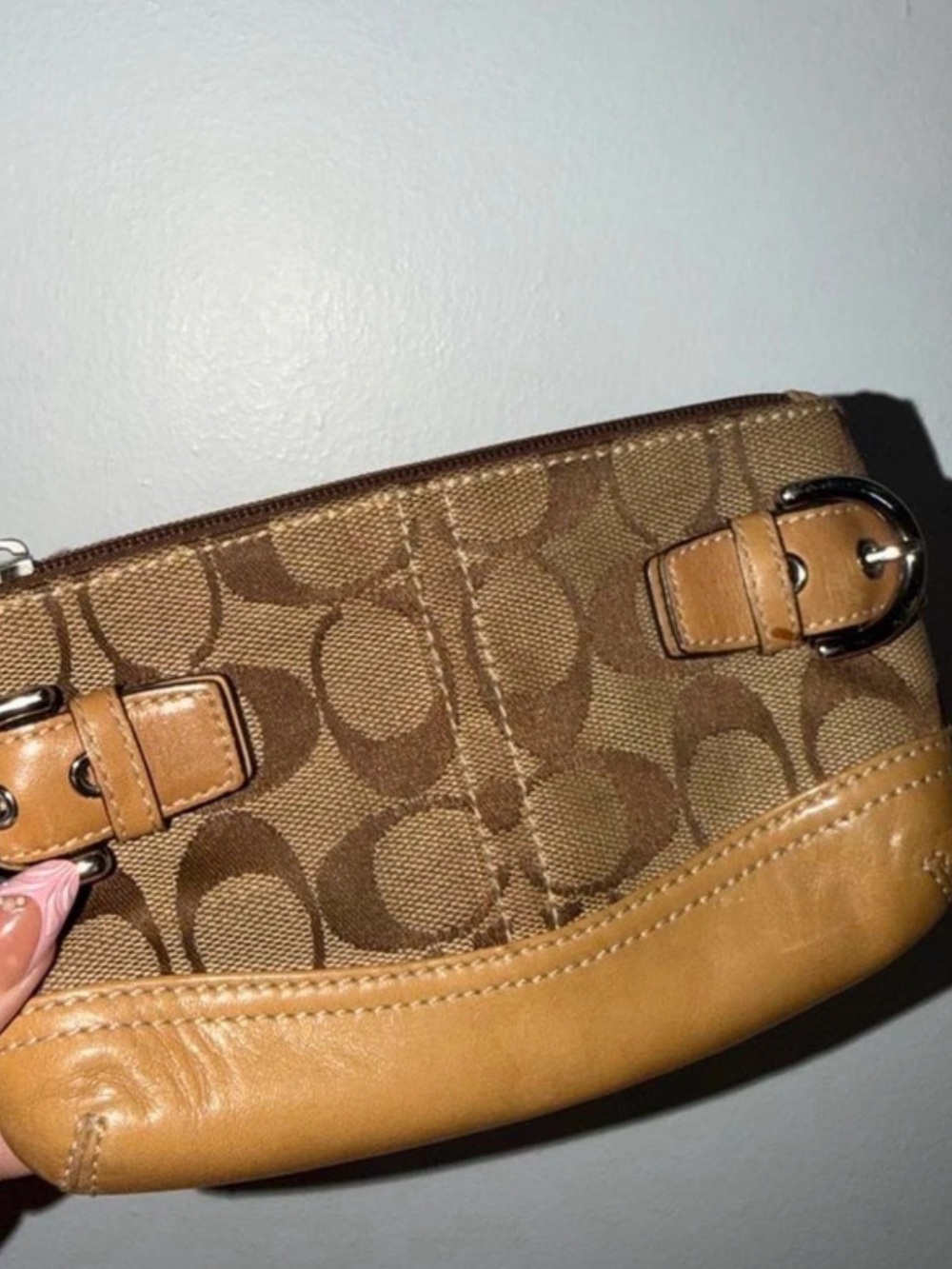 Coach Tan and Brown Signature Canvas Wristlet